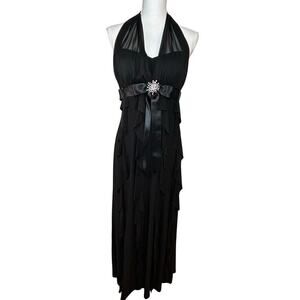Betsy & Adam black halter rhinestone center bow sleeves gown jersey size 8